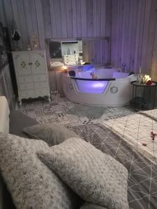 een badkamer met een bad met paarse verlichting bij Apartament jacuzzi na toruńskiej starówce in Toruń