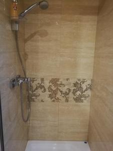 een douche in een badkamer met een ontwerp aan de muur bij Apartament jacuzzi na toruńskiej starówce in Toruń