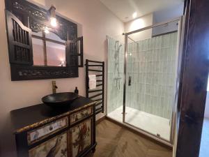 a bathroom with a sink and a glass shower at La Maison Voyage Bed and Breakfast in Onzain