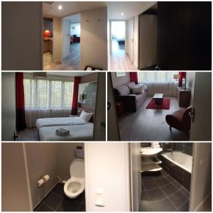 un collage di una camera da letto e di un soggiorno di City'O apparthotel a Caen