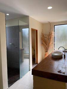 a bathroom with a sink and a glass shower at Casa Fuego in La Pintada +38 photos