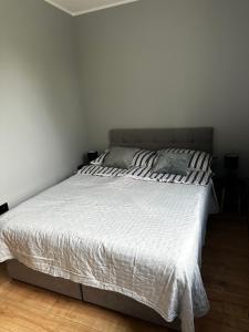 una camera da letto con un letto e un piumone bianco di Apartament Helenka a Zabrze