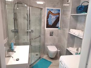 een badkamer met een douche, een toilet en een wastafel bij Apartament Amber Comfort z prywatnym miejscem parkingowym in Kołobrzeg +17 foto's