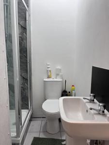 a white bathroom with a toilet and a sink at Snugly Studio Flat near Talbot Pub in Birmingham
