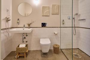 a bathroom with a toilet and a sink and a shower at Oporto Maison Anselmo in Porto +134 photos