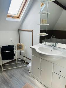 a bathroom with a white sink and a skylight at Au Cosy in Guînes