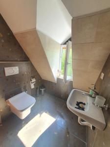 a bathroom with a white toilet and a sink at Villa Davisol in Theth