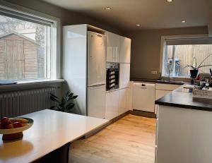 Il comprend une cuisine équipée d'un réfrigérateur blanc et d'un comptoir. dans l'établissement S29 Apartment, à Reykjavik