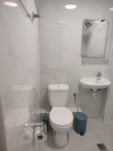 een witte badkamer met een toilet en een wastafel bij Leni in Paralia Katerinis