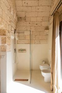 bagno con doccia in vetro e servizi igienici di Old Villas Greco 1888 luxury swimming pool a Cutrofiano
