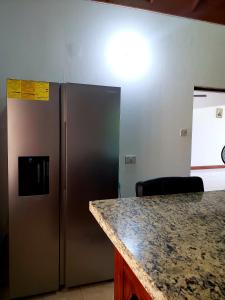 Il comprend une cuisine équipée d'un réfrigérateur en acier inoxydable et d'un comptoir. dans l'établissement Cozy Apartment Greenwood, à Montego Bay