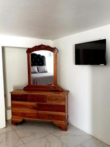 Cozy Apartment Greenwood في خليج مونتيغو: غرفة نوم مع مرآة وخزانة مع تلفزيون