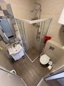 a bathroom with a shower and a toilet and a sink at CASA APARTMENTS, one-bedroom apartment in Budva