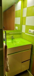 ein grünes Bad mit einem Waschbecken und einem Spiegel in der Unterkunft Apartamento Ideal para Grandes Familias in Miramar
