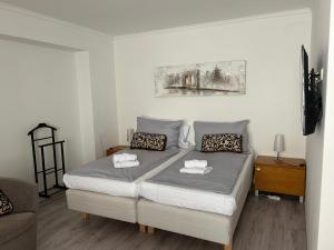 um quarto com uma cama com duas almofadas em Apartmány Formanka na náměstí em Hustopece