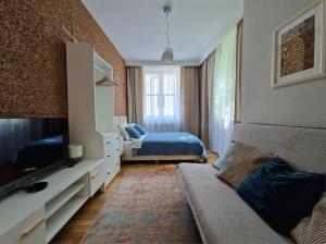salon z kanapą i telewizorem w obiekcie Brokilon House w Krakowie