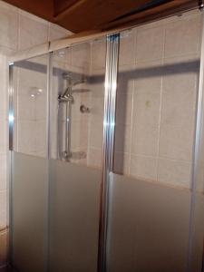 una doccia con porta in vetro in bagno di La torna a Navarredonda de Gredos