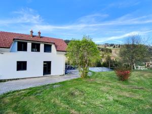 a large white house with a grass yard at Maison familiale des Privilèges in Gérardmer