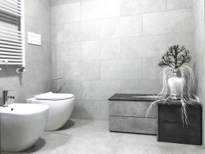 a bathroom with a toilet and a vase with a plant in it at Sole Matto Rooms in Olbia