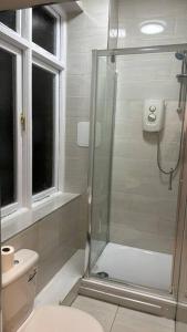y baño con aseo y ducha acristalada. en Modern 2-Bedroom Apartment-Dublin City, en Dublín