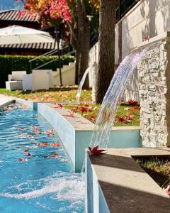 a water fountain in the middle of a pool at San Raffaele Hotel Restaurant & Resort in Castelluccio Superiore