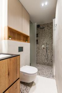 ein Bad mit einem WC und einer Dusche in der Unterkunft Apartamentai Monciškės "Čiki puki" in Palanga