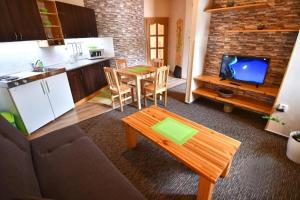 a kitchen and a living room with a table and a tv at Apartmánový dom PRAMEŇ in Vinné