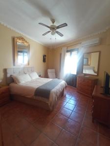 a bedroom with a bed and a ceiling fan at Hostal R-Conecta in Cuevas de San Marcos +29 photos