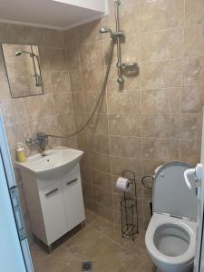 a bathroom with a toilet and a sink and a shower at ЛАЗАРОВИ in Hisarya