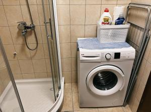 ボヴェツにあるApartma ANAYAのバスルーム(シャワー付)の洗濯機が備わります。