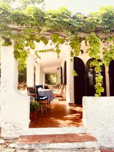 d'une terrasse avec une table et des chaises sous une arche. dans l'établissement Villa Stella, à Torre delle Stelle