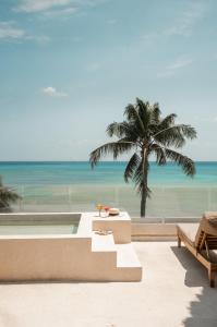 un complejo con vistas a la playa y al océano en Hotel Colibri Beach, en Playa del Carmen