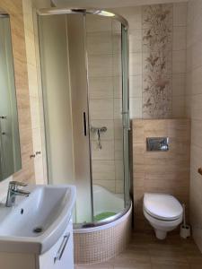 ein Bad mit einer Dusche, einem WC und einem Waschbecken in der Unterkunft Sosnowa Mila in Pobierowo
