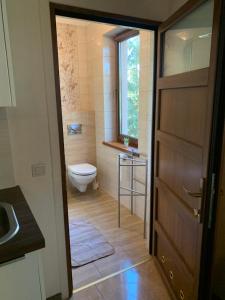 a bathroom with a toilet and a window and a door at Sosnowa Mila in Pobierowo