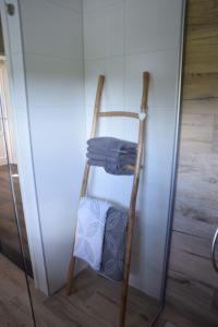 Una escalera apoyada en una pared con toallas. en It Foarhús en Eernewoude