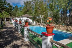 a swimming pool with potted plants on a fence at El Sosiego in Morella