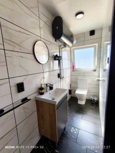 a bathroom with a sink and a toilet at Kamiles apartamentai in Palanga