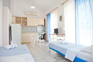 a bedroom with two beds and a kitchen with a refrigerator at Villa Elena in Ormos Panagias +23 photos