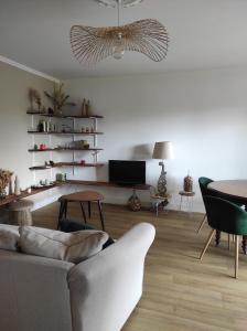 uma sala de estar com um sofá e uma mesa em Apt calme, proche hôpital, centre ville em Brive-la-Gaillarde
