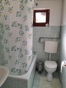 a bathroom with a toilet and a shower curtain at Lana apartman in Jajce