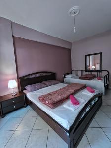a bedroom with two beds and a mirror at Ioannina Urban Oasis with Jacuzzi in Katsikás