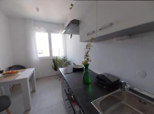 a kitchen with a vase of flowers on the counter at Studio M in Pula