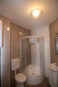 ein Bad mit einer Dusche, einem WC und einem Waschbecken in der Unterkunft Cape Kamenjak Apartments in Premantura in Premantura