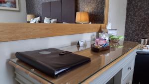 Plas Tan y Graig B&B Guest House Beddgelert في بيدجيليرت: وجود حقيبة جلوس على مكتب في غرفة الفندق