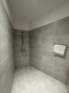 a bathroom with a shower and a towel on a shelf at Grand Appartement Lumineux - STELLA Loft - À deux pas du Lac Léman in Veytaux