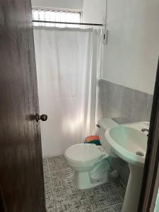 bagno con servizi igienici e lavandino di Hoff Hostal y Restaurante a Santa Ana