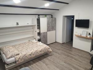 een slaapkamer met een bed en een flatscreen-tv bij Apartma Vista Baredi in Izola