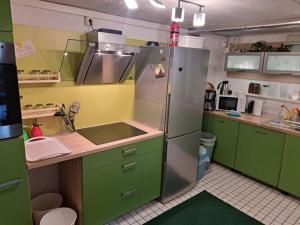 cocina con armarios verdes y nevera de acero inoxidable en Lianes Feriendomizil Fewo in Niedernjesa - Friedland, en Friedland