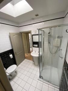 een badkamer met een douche, een toilet en een wastafel bij Gogartys Temple Bar Apartments in Dublin