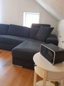 George&K Apartament في لارفيك: غرفة معيشة مع أريكة وطاولة مع الكمبيوتر المحمول